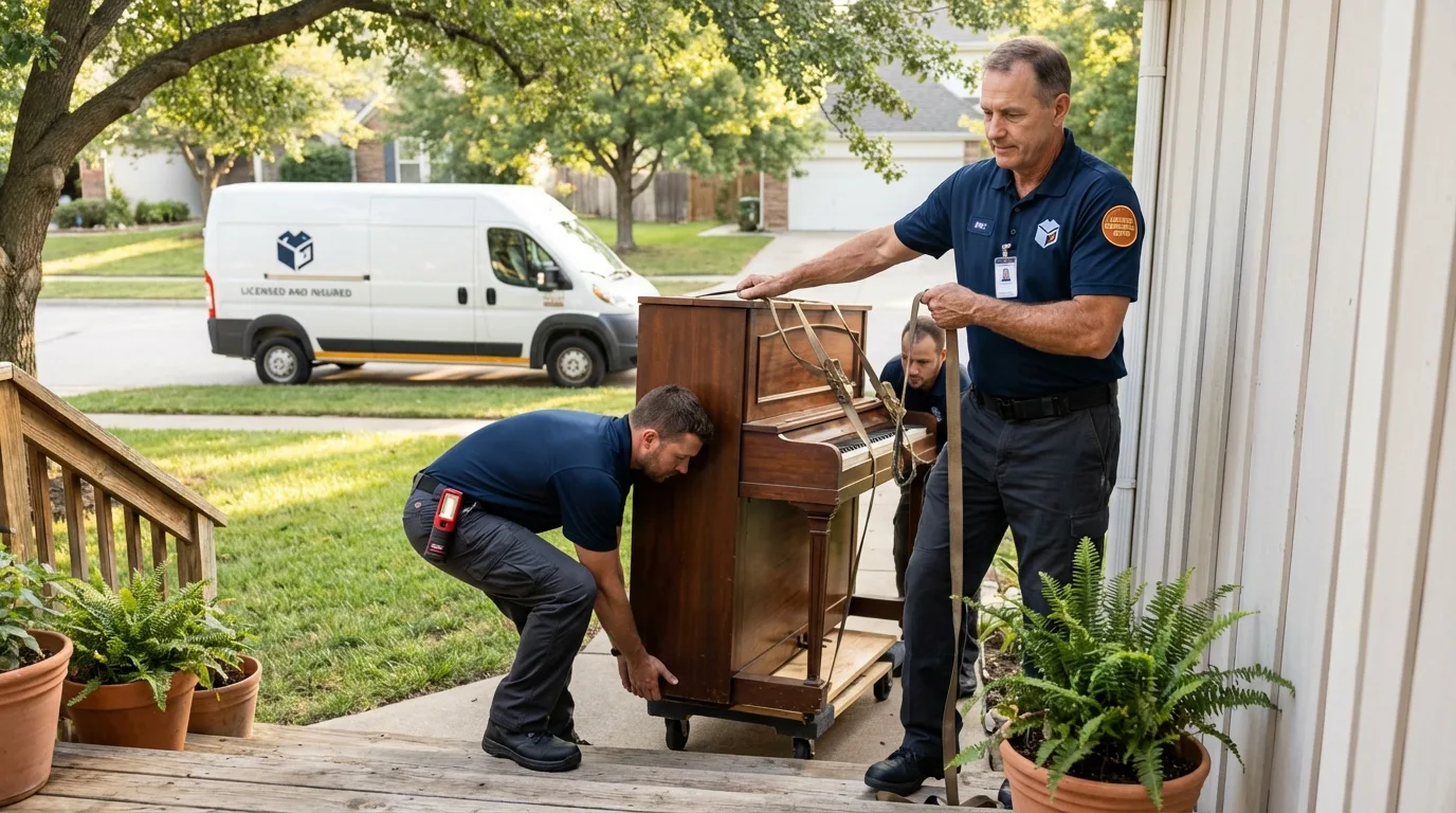 Licensed piano movers securing grand piano in Gales Ferry, CT