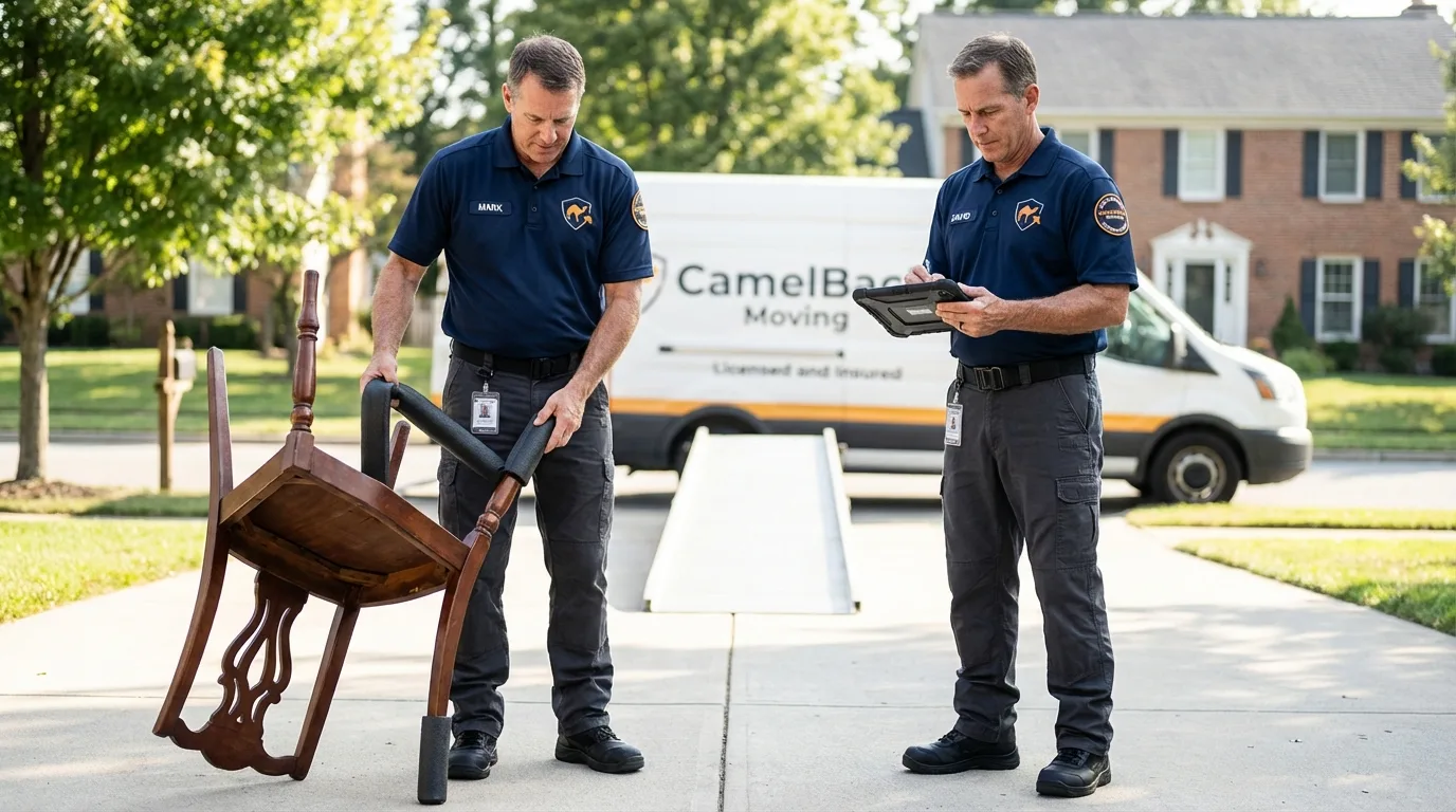 Movers inspecting furniture for damage prevention before loading in Gales Ferry, CT
