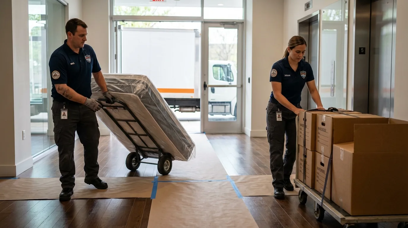 Professional apartment movers loading elevator in Gales Ferry, CT