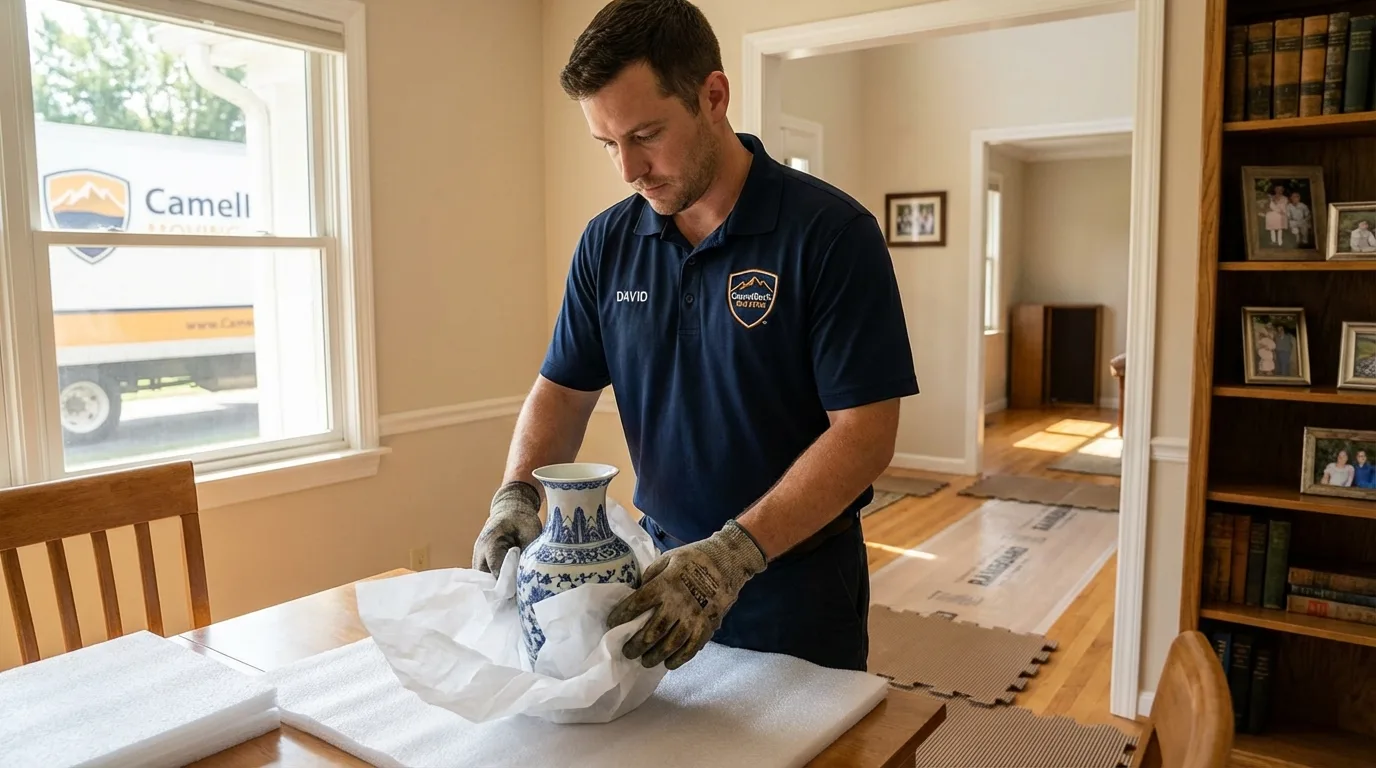 Professional crew carefully wrapping antique vase for senior downsizing move in Gales Ferry, CT